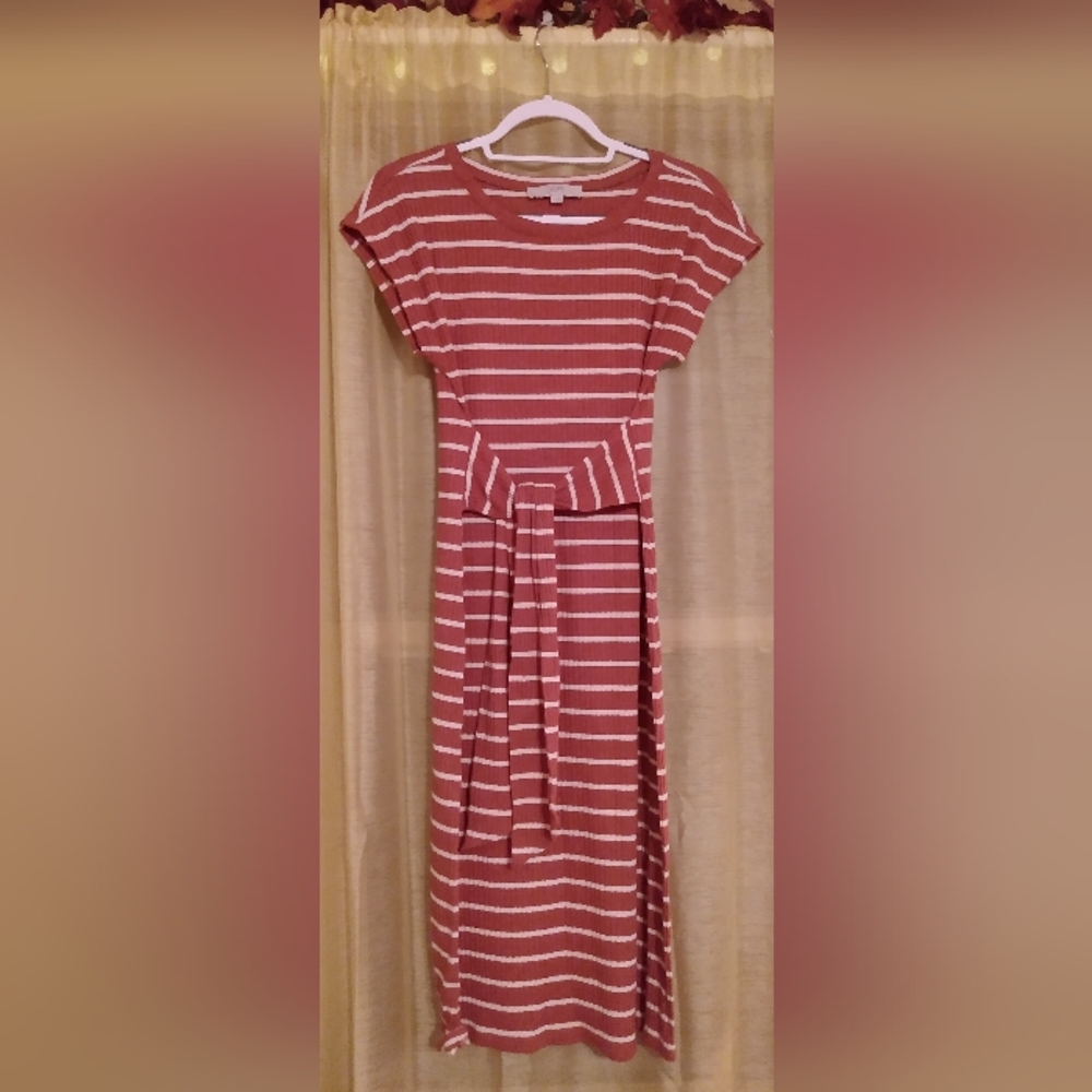 Loft Striped Tie-Waist Dress White and Burgundy